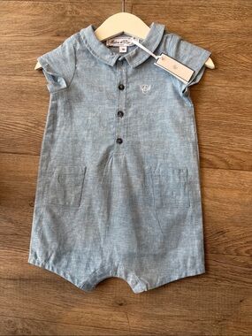 Tartine et chocolat Blue linen Short Sleeve Romper with Peter Pan Collar